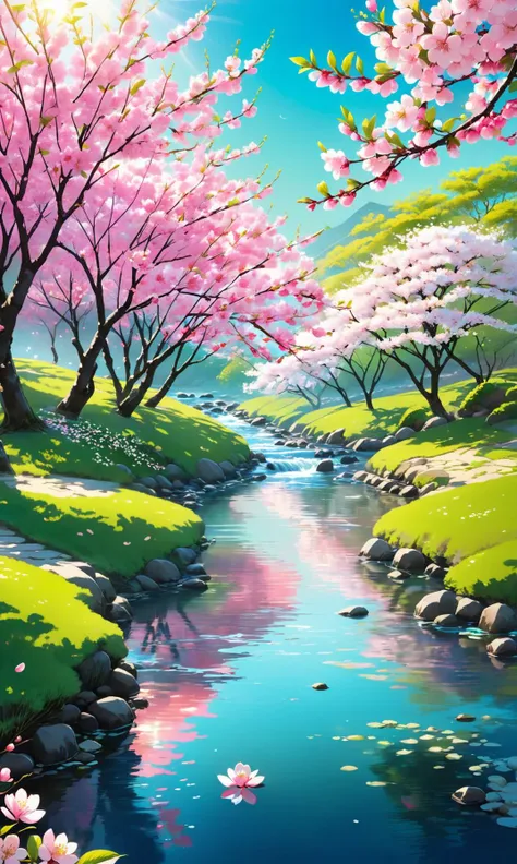 A beautiful Japanese cherry tree blooms beautifully in a bright, sunny spring night. The branches are adorned with vibrant pink and white blossoms that gently flutter in the soft breeze. A clear blue stream runs nearby, reflecting the pink petals and creating a serene scene of beauty and tranquility. The ground beneath shines with a rich, velvety green hue under the