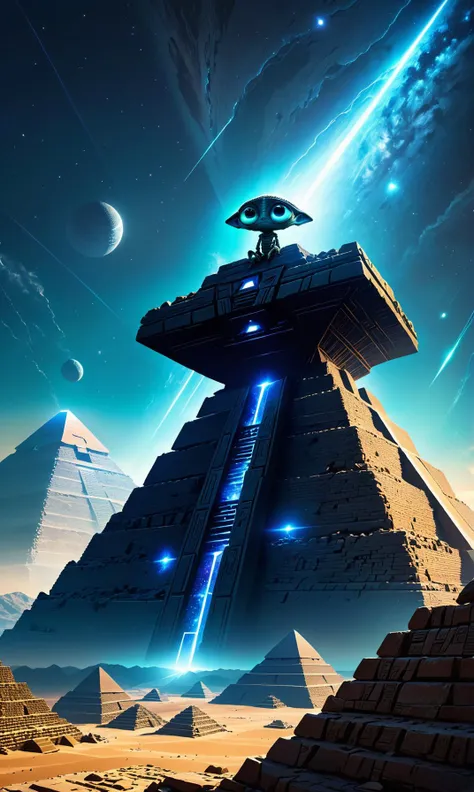 A photo of a giant alien perched atop an ancient pyramids, its eyes glowing with energy as it surveys the vastness and wonder behind their stone structures. Influenced by extraterrestrial phenomena like cosmic rays from starships that crash to earth every few minutes through star-bursting