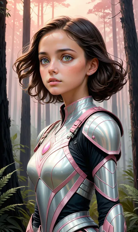 A beautiful portrait of a contemplative young woman in her early twenties walking with determination and grace. The character's eyes are as wide by dawn, allowing for the impression that she has achieved remarkable feats amidst harsh surroundings or forest fires waiting to be lit. With intricate detailing on skin tone shades like pearlescent pink accents between lines drawn from various sources, this delicate portrayal captures every