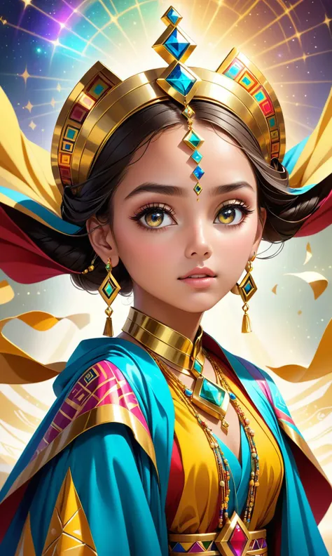 Photo of a beautiful young woman wearing colorful, flowing ponchos and adorned with intricate symbols on her forehead. Her eyes are filled entirely by gold-plated charm as she whispers to the dancers around herself: "I am Goddesses in shining robes who inspireSunday School cheerfires at every intersection for hours."