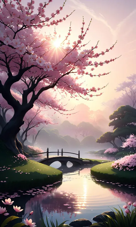 A beautiful cherry blossom, petals gently drifting down in the soft pink mist, placed atop an ultra high-definition concept art landscape. The background is a serene garden filled with pink hues and gentle curves as the sun sets, casting long, elegant shadows on the ground below. A tranquil pond reflects the beauty of the scene, its surface rippling softly with