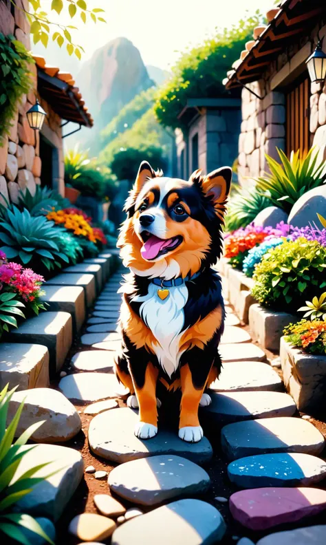A very cute dog with a warm, fluffy fur that flutters gracefully in the breeze. Behind her are rows of colorful stones and vibrant plants stretching out into space as she searches for its owner's home amidst scattered rocks while humming along on nearby benches to sing songbird nursery <lora:Details:0.85>, 2000s vintage RAW photo, photorealistic, film grain, candid camera, color graded cinematic, eye catchlights, atmospheric lighting, imperfections, natural, shallow dof, High level of detail to create a photographic-like image, focusing on lighting, realistic textures, hyperdetailed.