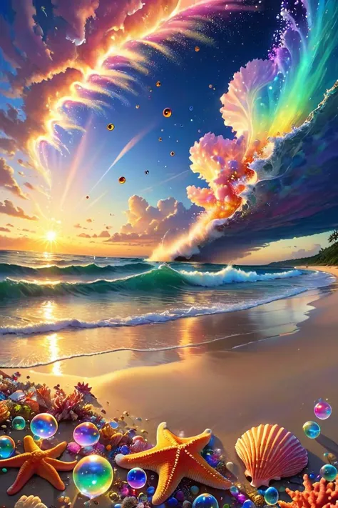 walking, waves, wind,(((glistening light of waves))),(detailed sunset glow),(floating flow),((coral)),(Luminous),coast,(floating colorful bubbles),beautiful detailed sky,(fluorescence),detailed shadow,(conch),beautiful detailed water, starfish, meteor, rainbow,(seabirds),(glinting stars), (glowworm),(splash),detailed cloud, shell,(fireworks),