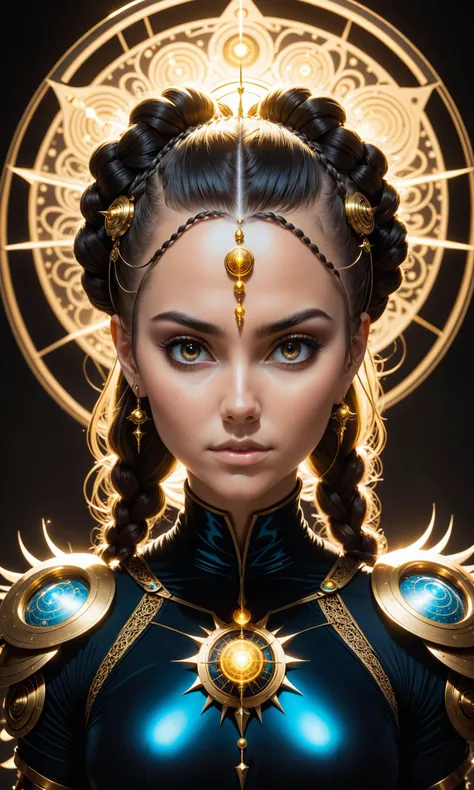 A wide shot of a beautiful woman's face looking into the camera, her hair is symmetrical and golden with intricate details. she looks like a human orrery-fantasy character from dungeons & dragons. Her hair has braid cut open in half and spiky backlighting. She stands tall over camera on her shoulders. A man wearing a black bodysuit made <lora:Details:0.85>