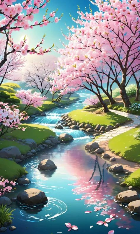 A beautiful Japanese cherry tree blooms beautifully in a bright, sunny spring night. The branches are adorned with vibrant pink and white blossoms that gently flutter in the soft breeze. A clear blue stream runs nearby, reflecting the pink petals and creating a serene scene of beauty and tranquility. The ground beneath shines with a rich, velvety green hue under the