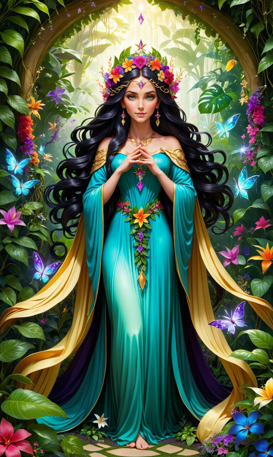 A beautiful blonde wiccan fairy goddess, adorned with intricate floral crowns and flowing robes, stands amidst a lush garden filled with vibrant, tropical flowers. Her long, dark hair cascades down her shoulders, blending seamlessly into the foliage. She holds a wand made of twisted vines and glowing crystals in one hand while cradling a human in its arms, their eyes