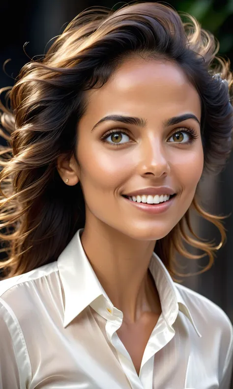 Award winning photograph of a 30-year-old Brazilian woman, her eyes sparkling with warmth and intestiness in a deep concentration. Her hair is balding slightly, framing her face which is adorned by delicate features - strong jawline, steady gaze, open mouth full of wisdom, and sparkling teeth. She adorns herself: white silk shirt, 32k ultra high street