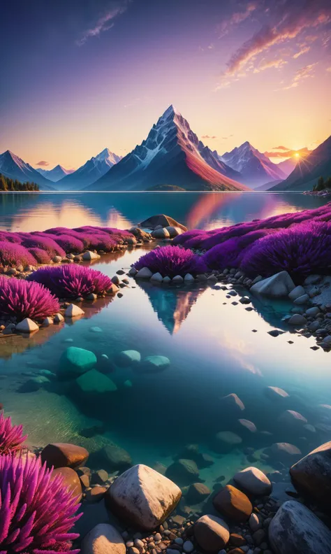 Award winning photography of an overwhelmingly beautiful magical landscape with purple mountains, crystal-clear waters, and a vibrant sunset. The scene is captured using a 30 megapixel camera with 4k resolution and sharp focus. Long exposure time of 1/125 seconds at f/8 aperture <lora:Details:0.85>, 2000s vintage RAW photo, photorealistic, film grain, candid camera, color graded cinematic, eye catchlights, atmospheric lighting, imperfections, natural, shallow dof, High level of detail to create a photographic-like image, focusing on lighting, realistic textures, hyperdetailed.