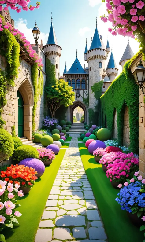 A beautiful medieval garden teeming with colorful blossoms and flowers, its winding cobblestone streets lined by ornate bocce lines. Capturing the peaceful elegance of old castle architecture in a style that celebrates grandeur's natural historyistry through photography like no other on Earth is inspired every step below within this serene realm- from botanical gardens to mystical alphab