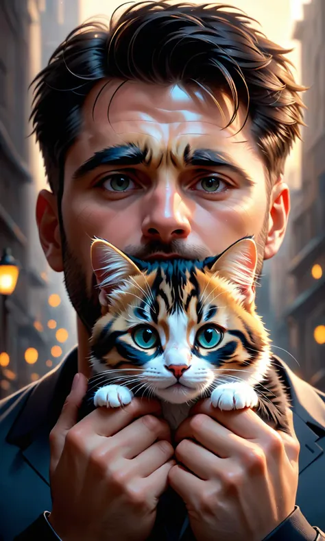 The cutest animal that is half cat, trending on artstation 4k, HD quality, 8k resolution, detailed, digital art style, very beautiful, artistic shot, photo-realistic, high quality, portrait camera, hyper realistic painting of attractive male face with two hands in each hand by wlop and greg rutkowski, beautiful lighting, cinematic, <lora:Details:0.85>