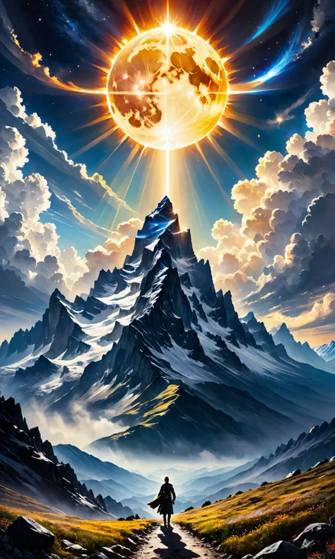 Once upon a time, the stars and moon informant in a vast landscape of mountains. The sun glistening through clouds at the bottom with its rays coming off it from the left side to the right - award winning oil painting has many different brush strokes on each hand or is not visible., detailed faces 4 k, 8 k. uhd. trending on artstation hq