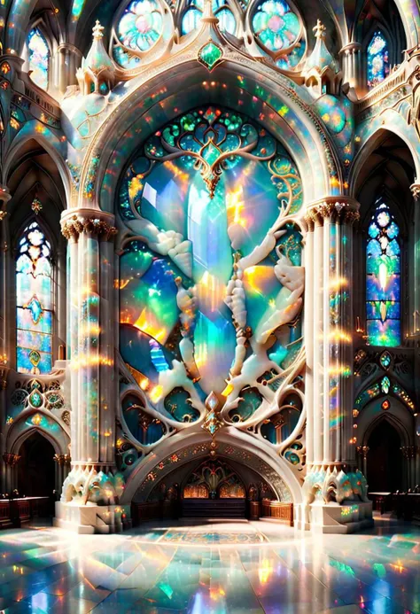 (masterpiece, detailed, 8k, hd, ultra detailed, ultra beautiful, highly detailed, ultimate perfection, super resolution, futuristic detail, triumphant, fantastic, amazing, dynamic, impossible fine glitering details) RAW photograph of the most harmonious cathedral interior constructed entirely of pure opal, ral-opal:1.5, volumetric lighting, splendor, opulent, aesthetic, small photo orbs, mist, a cloudy mist ripples across the entire floor