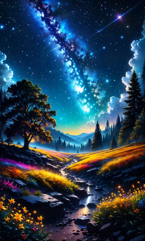 A night sky with a full of stars, hyperrealism painting 4k trending on ArtStation, 8k resolution, octane render, highly detailed digital art, vibrant color palette, by Greg Rutkowski and James Gurney and Thomas Kinkade. Trending at Artstation HQ. HDR. Deviantart behance HD photograph studio lighting close-up depth field