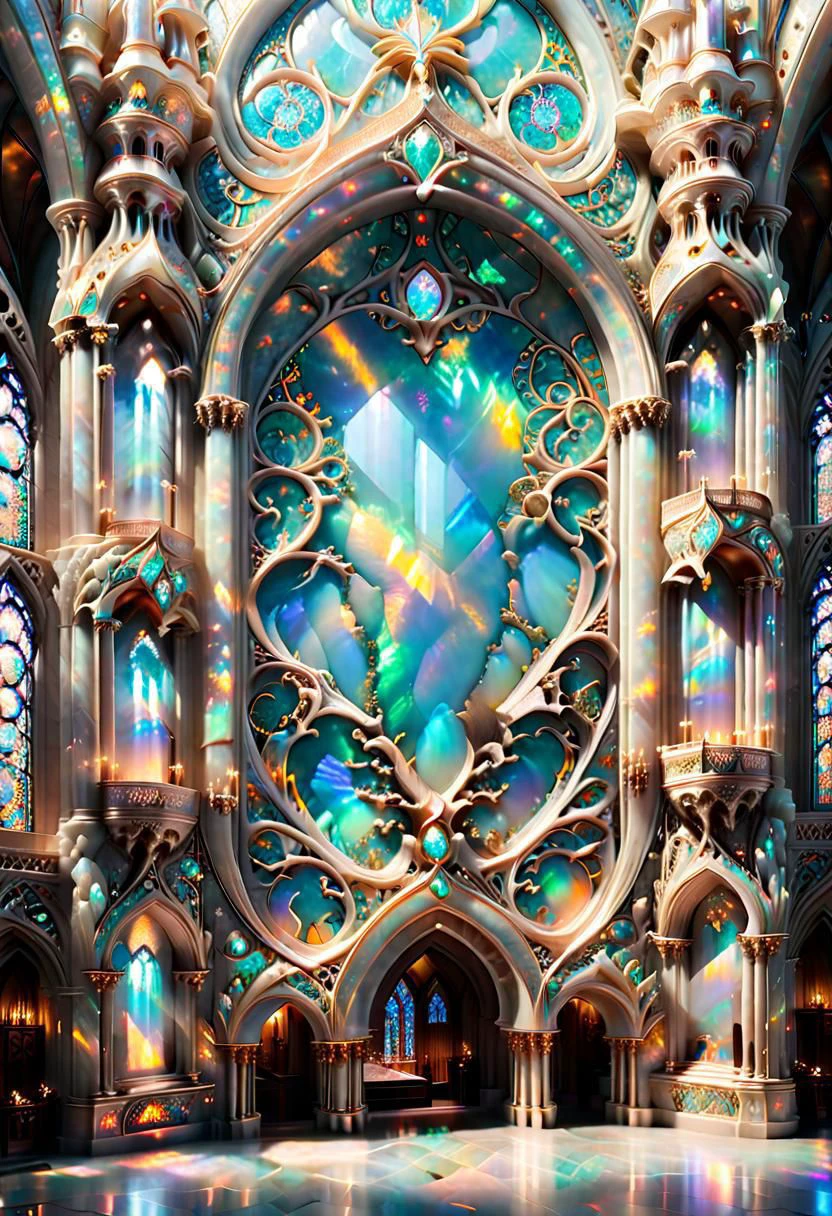 (masterpiece, detailed, 8k, hd, ultra detailed, ultra beautiful, highly detailed, ultimate perfection, super resolution, futuristic detail, triumphant, fantastic, amazing, dynamic, impossible fine glitering details) RAW photograph of the most harmonious cathedral interior constructed entirely of pure opal, ral-opal:1.5, volumetric lighting, splendor, opulent, aesthetic, small photo orbs, mist, a cloudy mist ripples across the entire floor