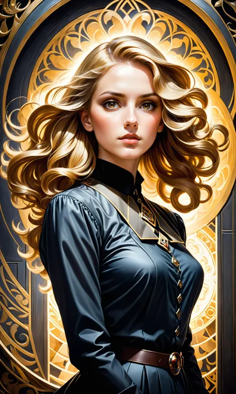 An artwork of a woman by Annie Swynnerton and Edgar Supervery. The man is wearing a dark grey collared shirt, light brown eyes!, wide angle, dramatic lighting and composition, illustration, elaborate geometric ornament in background."A tall figure can be seen outside, with long wavy blonde hair!! in the style of Dark O'Korpi! art
