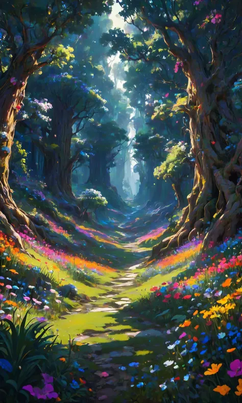 The most beautiful painting ever. it is a beautiful landscape of the valley with trees and flowers, an ultrafine detailed illustration by james jean, intricate linework, bright colors, behance contest winner, vanitas, angular, altermodern, unreal engine 5 highly rendered, global illumination, radiant light, detailed and intricate environment, 8 k. dynamic lighting, <lora:Fast:0.15>