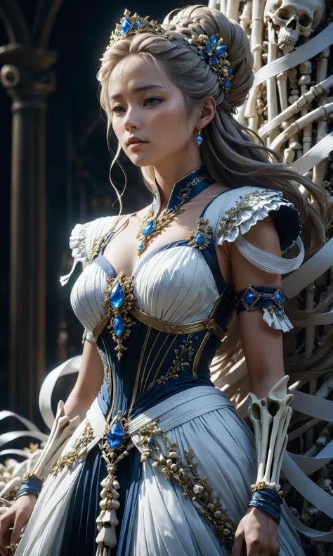 A contemplative portrait of the goddess, in a flowing dress made out of bones and ribbons by Greg Rutkowski, Sung Choi, Mitchell Mohrhauser, Maciej Kuciara, Johnson Ting, Maxim Verehin, Peter Konig, final fantasy, macro lens, 35mm 8k photorealistic, cinematic lighting, HD, high details, atmospheric <lora:Details:0.85>