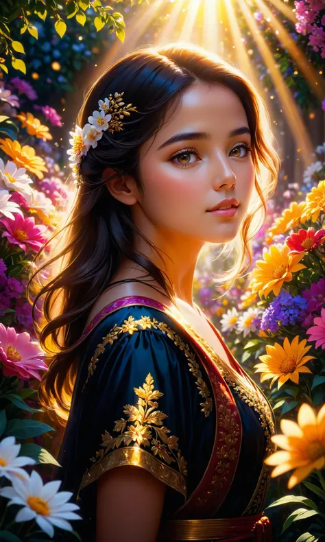 A masterpiece painting of a beautiful young woman that is full of color, surrounded by flowers. trending on artstation, featured on behance, well-rendered, unreal engine, 4 Remove, intricate, highly detailed, cinematic lighting. golden hour. lens flare. bokeh. light rays. no blur. no dof. black background. sharpness. photorealism <lora:Details:0.85>