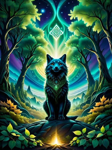((Masterpiece)), ((high detail)) A night scene on an alien planet, where nocturnal creatures with fur that resembles Celtic knots frolic under trees with glowing leaves, a vibrant aurora painting the sky, (symmetrical framing), (photorealistic),Unconventional angle,