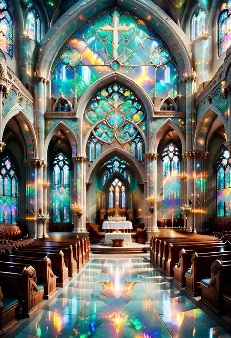 (symmetrical composition, masterpiece, detailed, 8k, hd, ultra detailed, ultra beautiful, highly detailed, ultimate perfection, super resolution, futuristic detail, triumphant, fantastic, amazing, dynamic, impossible fine glitering details) RAW photograph of the most harmonious cathedral interior constructed entirely of pure opal, distant perspective over church pews, ral-opal:1.5, volumetric lighting, splendor, opulent, aesthetic, small photo orbs, mist, a cloudy mist ripples across the entire floor