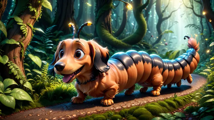 A masterful still of a 3d cartoon, an adorable very long and excited dachshund caterpillar hybrid inching its way along a magical forest path, uhd, 8k, intense lighting, award winning masterpiece, extremely detailed, detailed background, cinematic, complex and multidimensional lighting, <lora:xl_more_art-full_v1:0.6>,