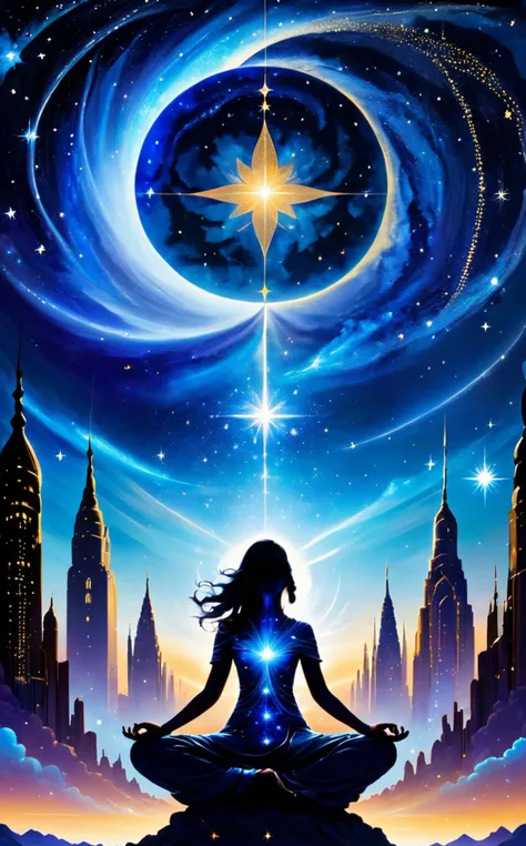 Meditation for the Guardians of the Universeðð§ââï¸, Star-Weaved Cityscapeðï¸â¨, Starlight Illumination & Silhouette Lightð ð¡, Stardust Silver & Deep Sky Blueð ð, calm and powerful ððª
, full body portrait, mixing people and cosmic elements ð¼ï¸ð¤