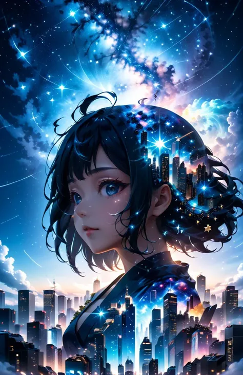 Japanese anime (8K, HDR, animation, real) a girl Starry intertwined cityscape🏙️✨, Starlight illumination and silhouette light🌠💡, Stardust silver and deep sky blue🌌🎆, Peaceful and powerful😌💪, Full-body portraits, fusion of human and cosmic elements🖼️👤 <lora:anime_sdxl_v2:0.6> <lora:xl_more_art-full_v1:0.3>
and <lora:shadow-XL:0.7> ladyshadow
and <lora:Double_Exposure:1> (double exposure:1.2)
ultra supreme detailed, iso800, close-up