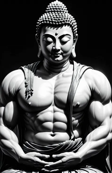 Hunky Buddha Extreme Muscle💪 👕, Abstract Darkness, sidelighting highlights the texture of the Buddha's muscular details and texture 💡, grayscale with the muscle highlights ⚪⚫ 🟠, High Contrast, Black and White Gray Scale, Majestic Silence, Bust portrait, Full-length portrait, emphasizing the combination of clothing and the Buddha's image 👕💪