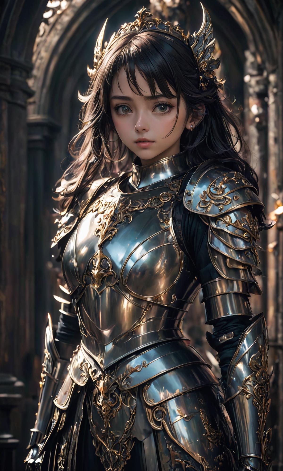 A woman in armor poses for a photo in a castle - SeaArt AI