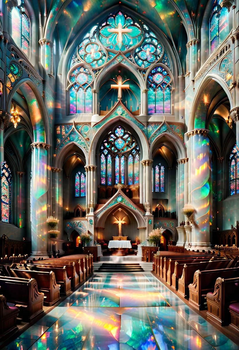 (symmetrical composition, masterpiece, detailed, 8k, hd, ultra detailed, ultra beautiful, highly detailed, ultimate perfection, super resolution, futuristic detail, triumphant, fantastic, amazing, dynamic, impossible fine glitering details) RAW photograph of the most harmonious cathedral interior constructed entirely of pure opal, distant perspective over church pews, ral-opal:1.5, volumetric lighting, splendor, opulent, aesthetic, small photo orbs, mist, a cloudy mist ripples across the entire floor