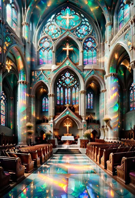 (symmetrical composition, masterpiece, detailed, 8k, hd, ultra detailed, ultra beautiful, highly detailed, ultimate perfection, super resolution, futuristic detail, triumphant, fantastic, amazing, dynamic, impossible fine glitering details) RAW photograph of the most harmonious cathedral interior constructed entirely of pure opal, distant perspective over church pews, ral-opal:1.5, volumetric lighting, splendor, opulent, aesthetic, small photo orbs, mist, a cloudy mist ripples across the entire floor