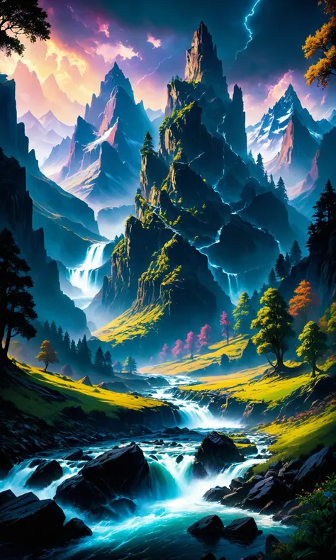 A masterpiece depicting a vast serene landscape of the mountains, with river flowing through it. Dark fantasy by Wayne Barlowe and Thomas Kinkade in the style of magic the gathering artwork trending on artstation vivid colors, 4k, 8k, HD digital art, rendered in Unreal Engine 5. Award winning, featured on ArtStation, dramatic lighting, intricate details,