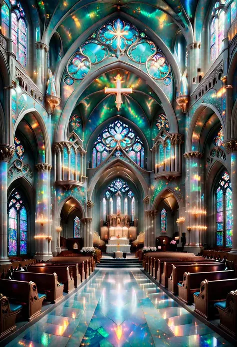 (symmetrical composition, masterpiece, detailed, 8k, hd, ultra detailed, ultra beautiful, highly detailed, ultimate perfection, super resolution, futuristic detail, triumphant, fantastic, amazing, dynamic, impossible fine glitering details) RAW photograph of the most harmonious cathedral interior constructed entirely of pure opal, distant perspective over church pews, ral-opal:1.5, volumetric lighting, splendor, opulent, aesthetic, small photo orbs, mist, a cloudy mist ripples across the entire floor