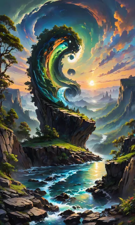 The most beautiful panoramic landscape in the world, oil painting, where a giant abstract yin and yang is sitting on top of a cliff at sunset, blue sky with clouds. The river has an amazing solarpunk atmosphere. The trees are deep green, & the water is clear that they have some other colors, while next to it can be seen. by <lora:Fast:0.15>