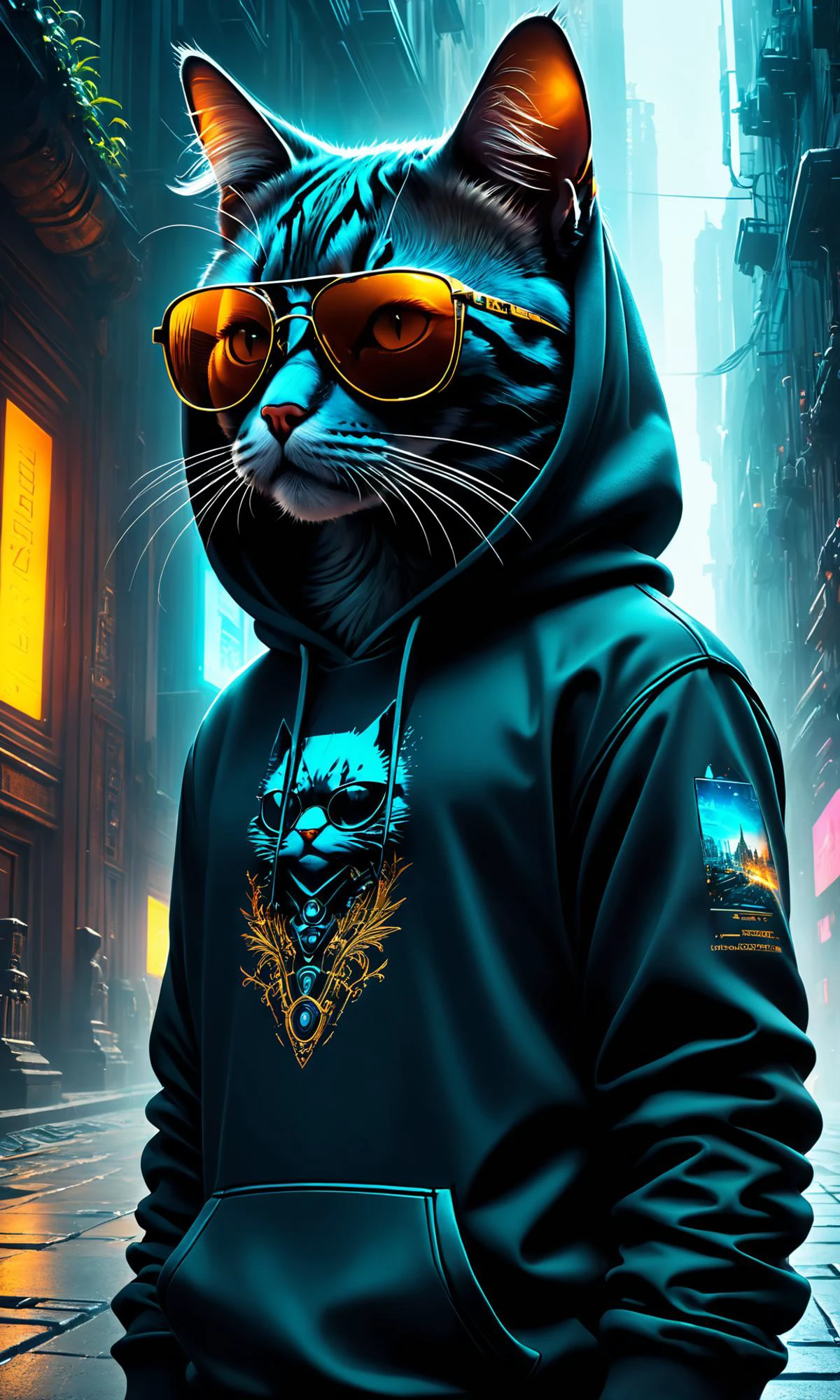 A cybernetic cat wearing a black hoodie and sunglasses in the art style of Zdzislaw Beksinski, atmospheric, clean, intricate, ultra detailed, well composed, best on artstation, cgsociety, epic, stunning, gorgeous, intricate detail, much wow, masterpiece, cinematic aesthetic octane render, 8k hd resolution, by Gust <lora:Details:0.85>