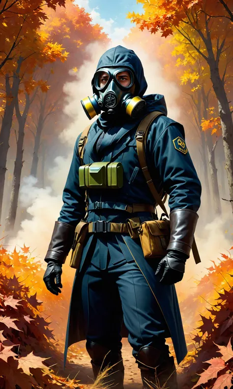 An epic fantasy comic book style portrait painting of a man wearing a gas mask, unreal 5, DAZ, hyperrealistic, octane render, cosplay, RPG portrait, dynamic lighting, intricate detail, harvest fall vibrancy, cinematic, centered, symmetrical, artstation, full body shot, portrait, William-Adolphe Bouguereau, Greg Rut <lora:Details:0.85>