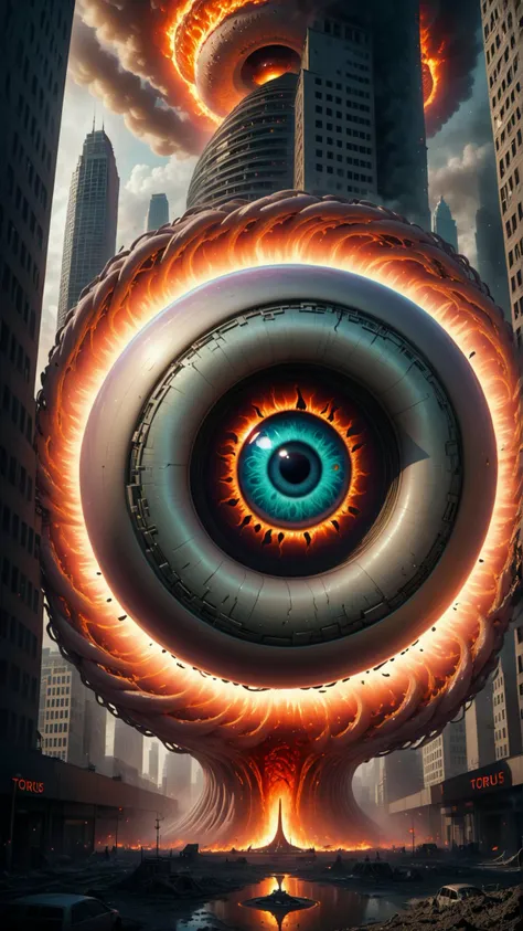 a single huge tight Torus appears from the ground of the city, (in the middle of the torus is a highly detailed and sinister eyeball:1.5). Under the torus flames erupt from the ground. The torus is covered by buildings and structures from the city. The scene is cinematic, dramatic and like from a sci-fi movie
