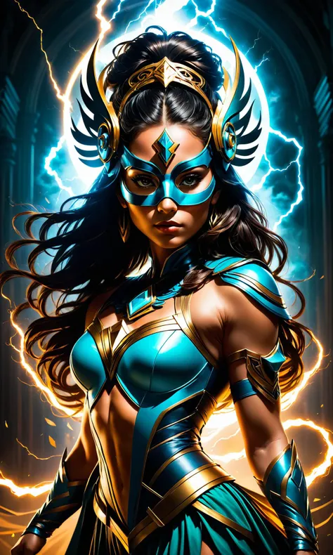 A creative studio portrait of amazonian woman with a mask that is made out digital painting, concept art, cgsociety, hyper-realistic, octane render, cinematic lightning, 8k hd artwork, detailed, intricate, dramatic lighting, beautiful masterpiece by Artgerm and Greg Rutkowski and Alphonse Mucha, trending on DeviantArt artstation <hypernet:BadHands:1> <lora:Details:0.85>