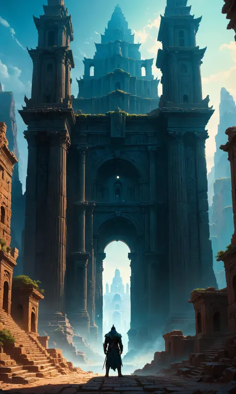 A surreal painting of a man standing in front of an ancient city, trending on artstation, by Wayne Barlowe and Peter Mohrbacher and Dan Mumford. Octane Render. Hyper realism. Highly detailed. Vray octane render. Digital painting. Matte painting. Detailed. Cinematic Lighting. 8K resolution. HDR. vibrant. dynamic lighting. High <lora:Details:0.85>