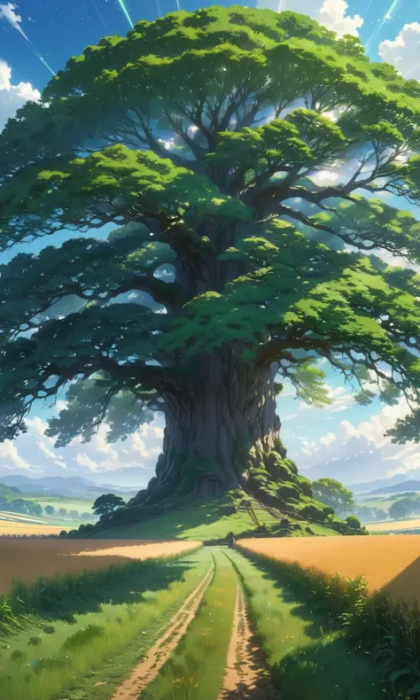 The most beautiful landscape of the world, a huge tree in the middle of a field, by Makoto Shinkai and thomas kinkade, fantasy matte painting, trending on cgsociety and unreal engineï¼light effectï¼highly detailedï¼super wide angleï¼super wide angleï¼super wide angleï¼light <lora:Details:0.85>