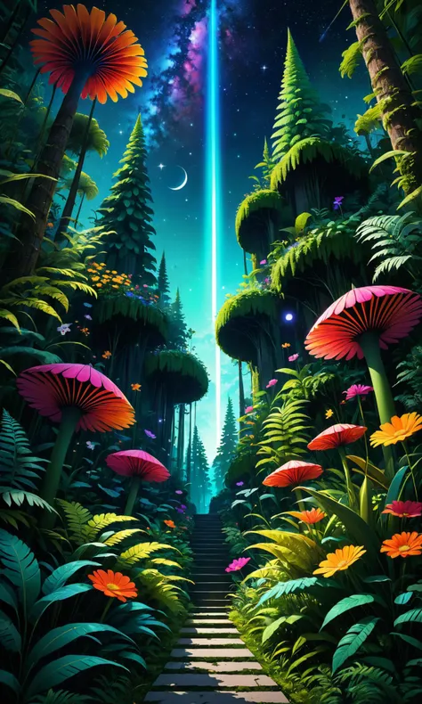 A surreal landscape by Giorgetto Baggio. A vibrant and very detailed painting of a beautiful garden VIDEOS in a forest with tall flowers growing out of the top, surrounded by lush ferns that fall at night. The sky has many stars, behance contest winner, geometric abstract art, trending on ArtStation, digital art, photoillustration, poster art <lora:Details:0.85>