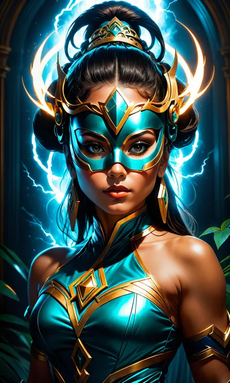 A creative studio portrait of amazonian woman with a mask that is made out digital painting, concept art, cgsociety, hyper-realistic, octane render, cinematic lightning, 8k hd artwork, detailed, intricate, dramatic lighting, beautiful masterpiece by Artgerm and Greg Rutkowski and Alphonse Mucha, trending on DeviantArt artstation <hypernet:BadHands:1> <lora:Details:0.85>