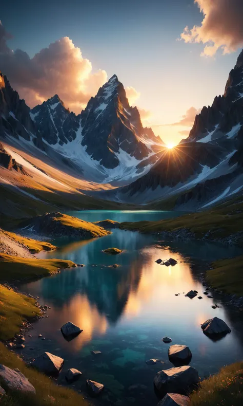 The most beautiful photo landscape in the world, a huge mountain with a small lake at sunset by marc adamus, photorealistic, very detailed, award winning photography, masterpiece, cinematic, 8k resolution, beautiful detailed, insanely intricate details, artstation trending, octane render, unreal engine 5, cinematic light, low contrast, hd, volumetric light <lora:Details:0.85>