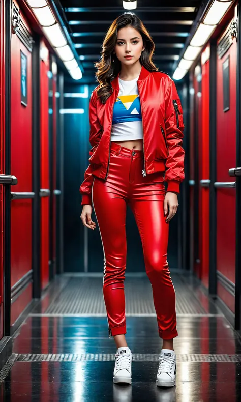 A very creative and funny picture of a very attractive young woman that is wearing a red jacket, full body photo, detailed photo, high quality, hd 4k, 8k, canon 300mm, professional photographer, 40mp, lifelike, top-rated, award winning, realistic, sharp, no blur, edited, corrected, trending on artstation, fantasy <hypernet:BadHands:1> <lora:Details:0.85>