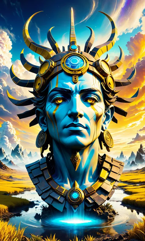 A stunningly beautiful award winning picture of an ancient god made out of a water, highly detailed, 8k photography, trending on ArtStation. Digital art by Greg Rutkowski. Highly Detailed face is surrounded by white clouds in the background against a psychedelic surreal sky full of vibrant yellow grassy landscape. It looks like it's from borderlands <hypernet:BadHands:1> <lora:Details:0.85>
