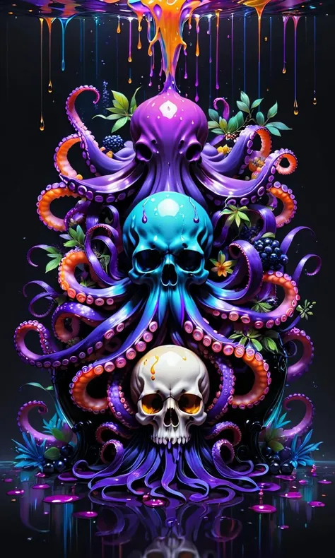 Skull with black ombre purple orange neon pink and blue transparent queen octopus holding an octopus inside ikebana covered by berries dripping juice tank strokes all over the floor. beard raytraced shadows perfect faces rule of thirds masterpiece, award winning painting trending on ArtStation 4K UHD, intricate details