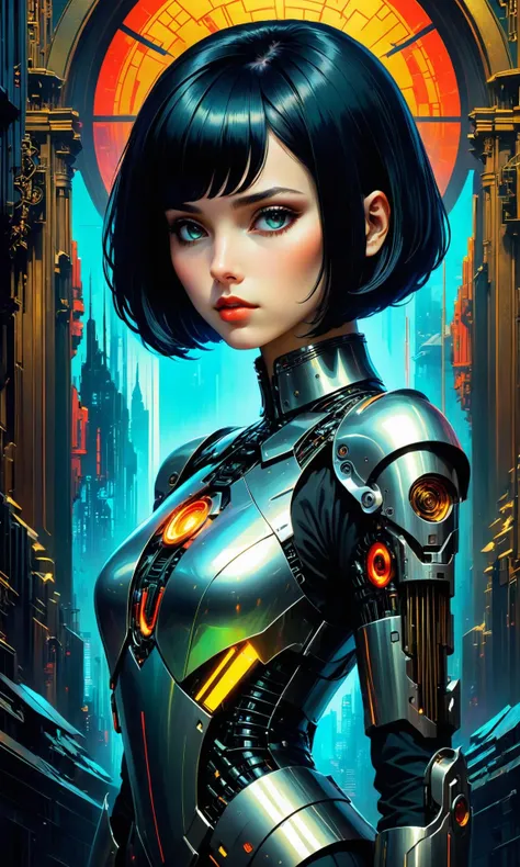 A classy cybernetic pale young woman with black bob cut hair, cyberpunk background, digital art by Krenz Cushart and Artem Demura and Alphonse Mucha, highly detailed, trending on deviantart, neo-gothic, gothic, rich deep colors. Beksinski painting, part by Adrian Ghenie and Gerhard Rich <hypernet:BadHands:1> <lora:Details:0.85>