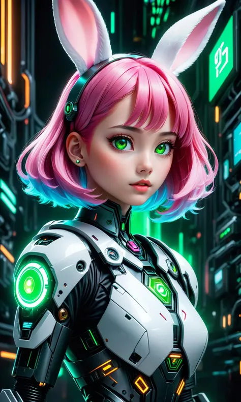 A Masterpiece portrait of a beautiful cybernetic girl with pink hair who looks like a cartoon rabbit character, digital art, trending on Artstation. 8k resolution. Highly detailed. It is a photograph. I can't see how cool the background in the art style WLOP and Tran Ross glowing green eyes medium shot portrait in the style of Ruan Jia. <hypernet:BadHands:1> <lora:Details:0.85>