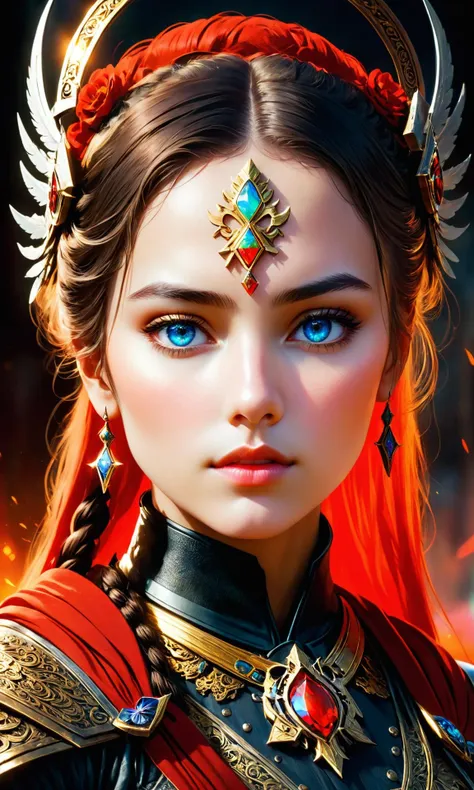 A Masterpiece portrait of a beautiful young female warrior, by Edgar Maxence and Ross Tran and Michael Whelan, artstation, octane render, cgsociety, f/11, symmetrical face, facial features. vivid colors, red dead redemption 2, lord of the rings: Ch opal mask style: rockstar games screenshot (intricate <hypernet:BadHands:1> <lora:Details:0.85>