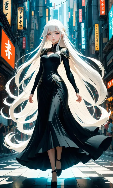 An overwhelmingly beautiful anime girl with white long hair and a black dress, full body, artstation winner by victo ngai detailed digital painting highly detailed, concept art, matte, sharp focus in the style of" Artgerm, ArtStationHQ, Deviantart 8k HD render, 3d unreal engine 35mm film grain lens. High quality image. Rendered <hypernet:BadHands:0.85> <lora:Details:0.85>